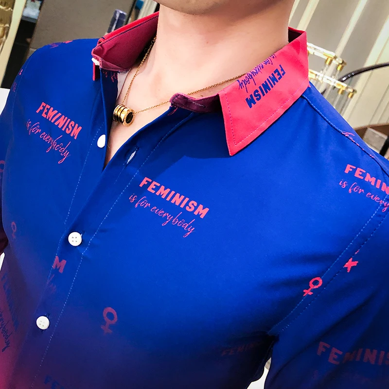

Gradient Color Shirt Men Long Sleeve Contrast chemise homme Slim Fitted Tops 2020 New Fashion Fancy Cool Letter Print Shirt Male