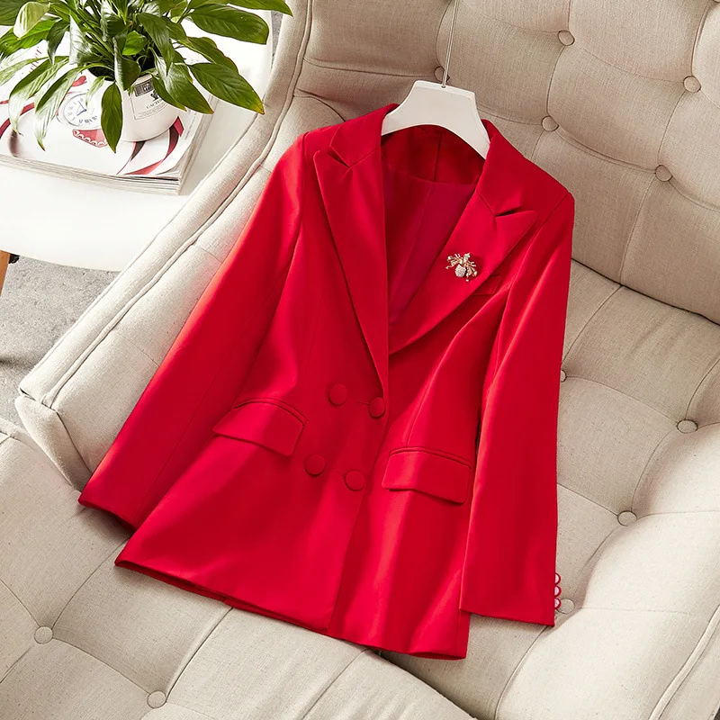 

19 Autumn Women's Clothing Source Hair Double-row Trim Temperament Commuter OL Red Small Suit Women Blazer