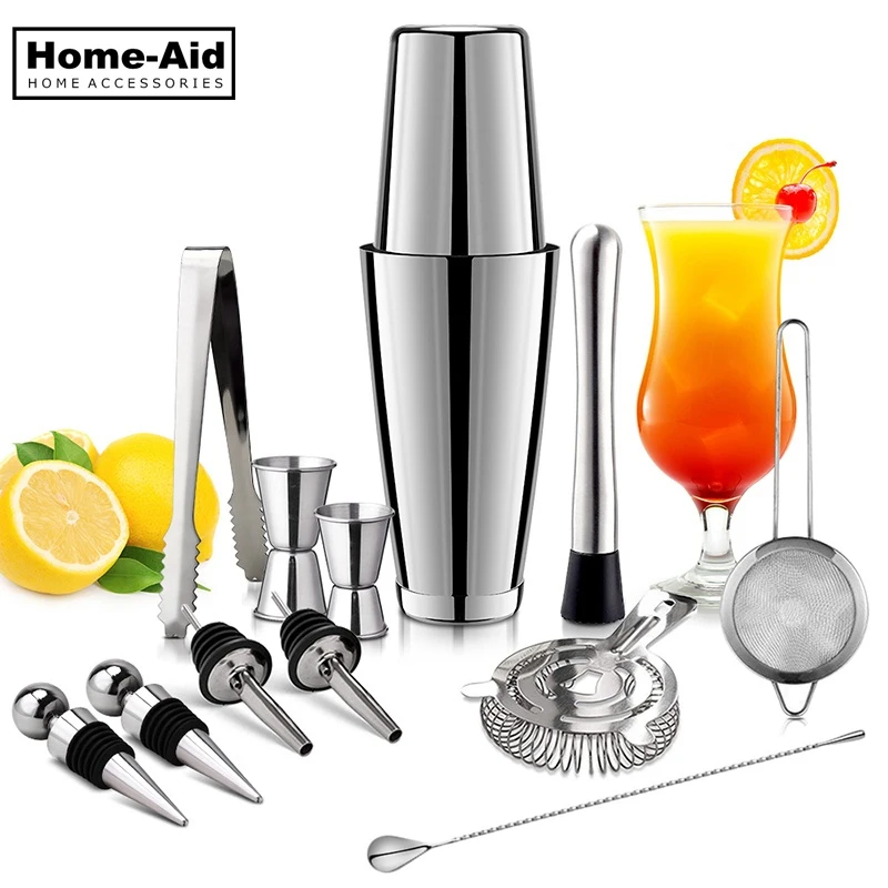 

13Pcs/Set Stainless Steel Cocktail Shaker Ice Tong Mixer Drink Boston Bartender Browser Kit Bars Set Professional Bar Tool