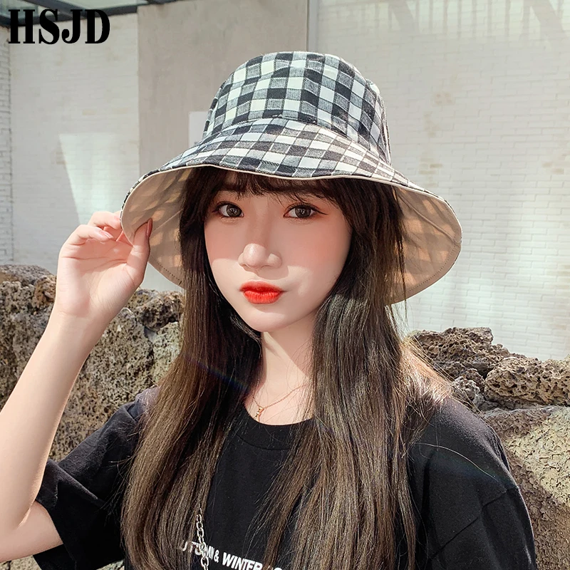 Double Sided Letter Plaid Bucket Hat Girl Women lovely Bob Femme Caps Summer Panama Sweet Heart Sun Hats For Women fisherman hat