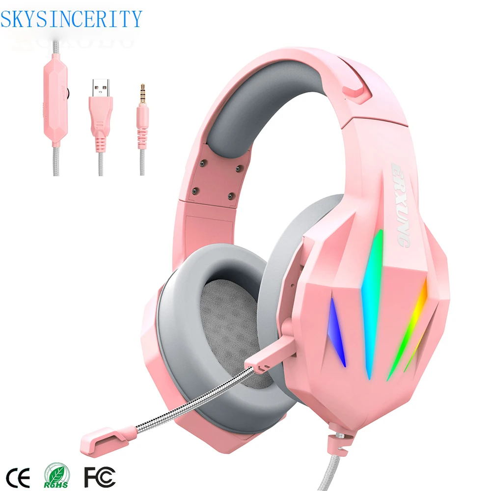 

Pink computer Handphones luminous gaming headset girl mobile phone PS4 PS5 earphone HIFI stereo bass 3.5 mm plug with microphone