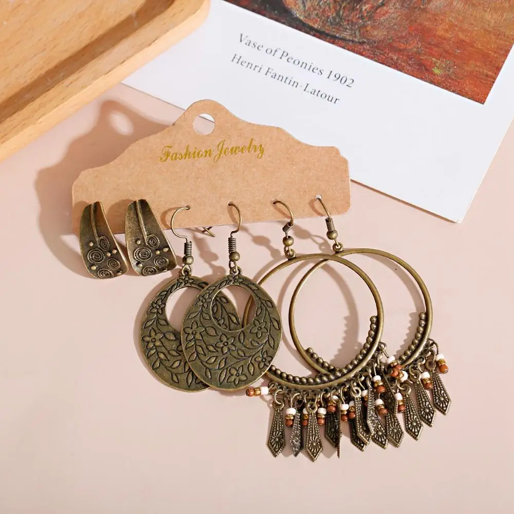 

Bohemian Vintage Golden Color Earrings 3-Piece Set Fashionable Geometric Pattern Alloy Tassel Ring Pendant Earrings 2020 Gifts