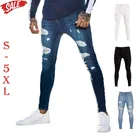 Мужские эластичные узкие брюки-карандаш, сексуальные повседневные рваные синие белые черные джинсы с дырками, мужские уличные брюки