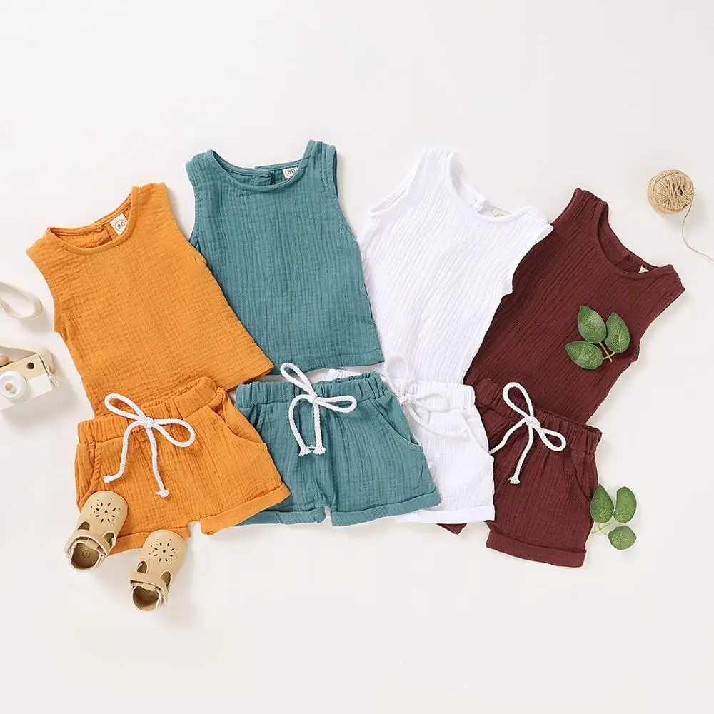 

2021 Fashion Summer Kid Baby Girls Boys Outfit Suit Cotton Linen Clothes Set Toddler Solid Casual Vest Tops Short Pants 2Pcs Set