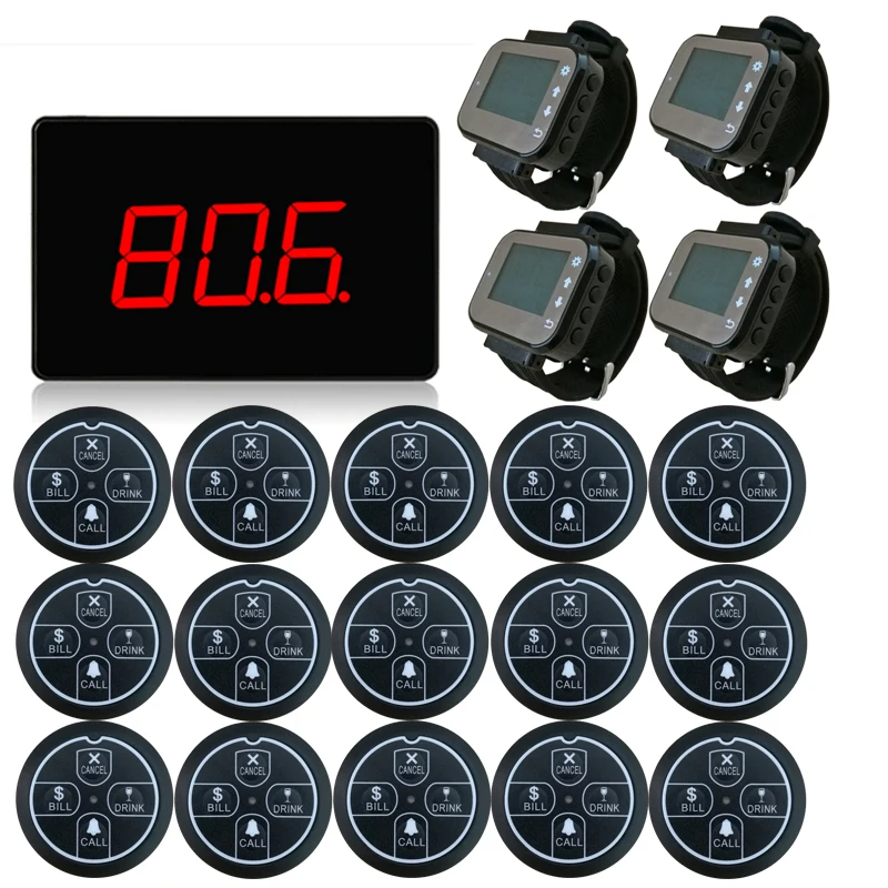 Wireless Restaurant Table Buzzer Service System Display screen with watch pager and call button