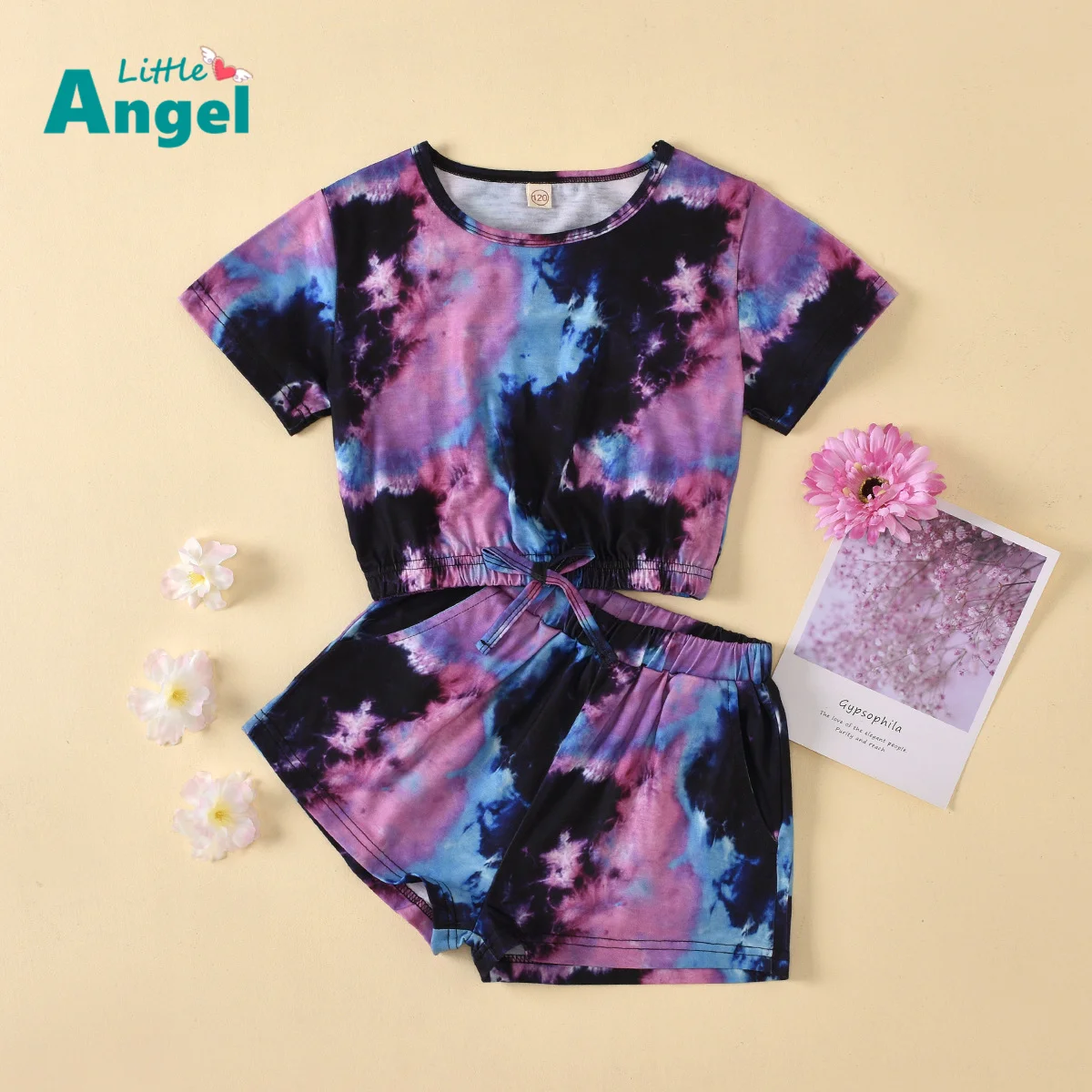 

2 pieces of tops and Shorts Set women's wear children's wear children's summer tie dyed round neck short sleeve top + shorts