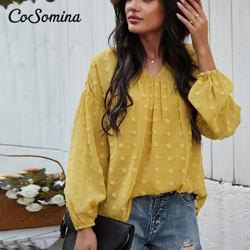 

CoSomina V-neck Blouse Shirt Women Elegant Long Sleeve Dot Print Female Chiffon Blouse Spring Casual Streetwear Ladies Tops 2021