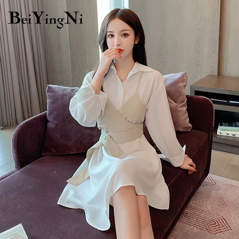 

Beiyingni Womens Dresses Spring Fashion Spaghetti Strap Irregular Loose Dress Female Buttons Turn-down Collar Street Vestidos OL