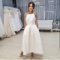 simple satin wedding dress backless short 2021 sleeveless bridal gowns with pocket beach ankle length robe de mariee custom made