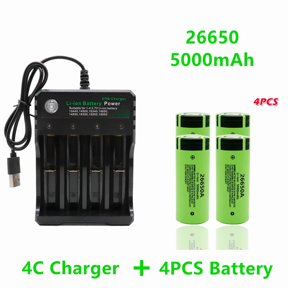 

3.7V 50A 5000mAh 26650 Battery Lithium Ion Rechargeable Battery For 26650A LED Flashlight + 18650 ChargerOriginal High Quality