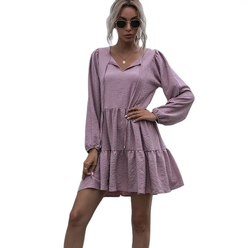 

2021 Fashion New Solid O-Neck Frenum Dress Summer Casual Vintage Loose Sexy Party Dress Robe Pleated Women Clothes