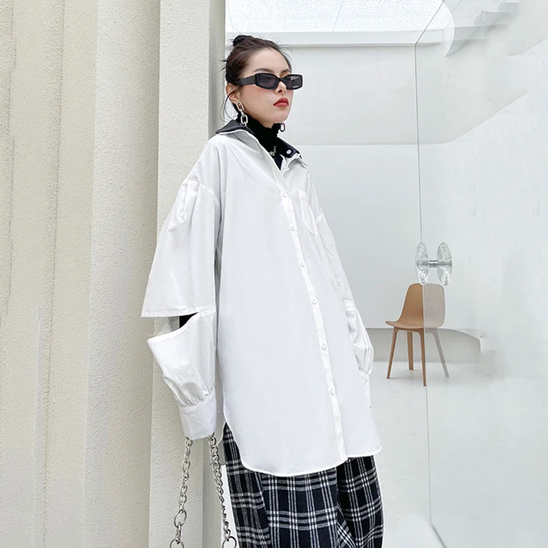 

Out Women Hollow Pockets Big Size Blouse New Lapel Long Sleeve Loose Fit Shirt Fashion Tide Spring Autumn 2021 1DD4027