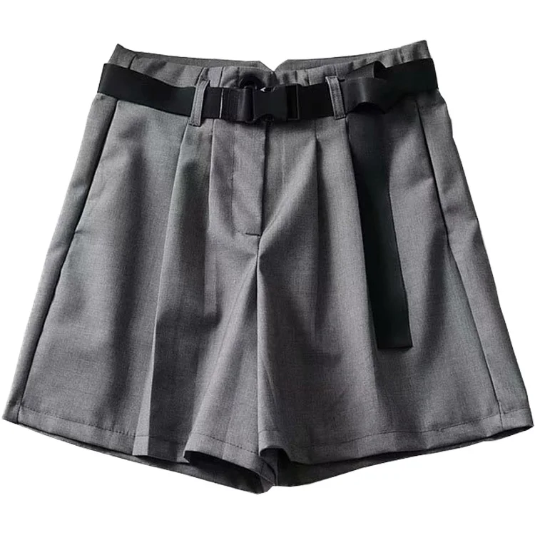 

Super Popular European and American Preppy Style Waistband High Waist Suit Shorts Pure Color Slimming Wide Leg Hot Pants Women's