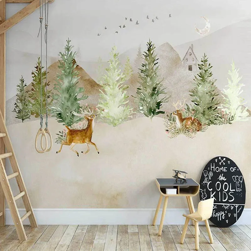 

Custom Mural Wallpaper Nordic Ins Hand Painted Woods Elk Flying Bird Fresco Children's Room Background Wall Papel De Parede 3D