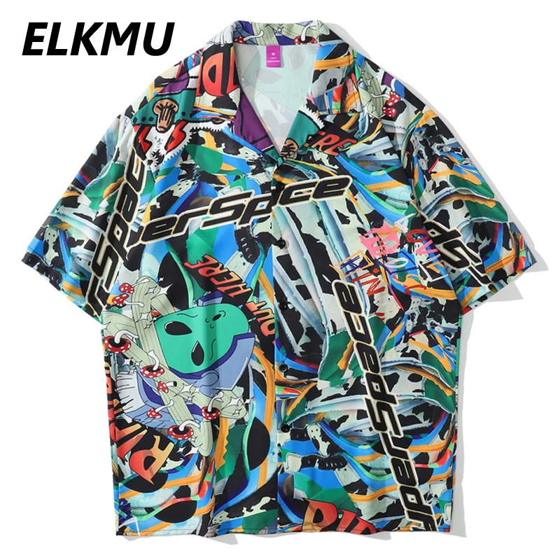 

ELKMU Hip Hop Streetwear Alien Graffiti Print Shirt Men Trip Shirts Loose Shirt Summer Oversize Short Sleeve Tops Male HE940