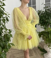 bridalaffair 2021 new bright yellow tulle hearts a line prom dresses sexy v neck short formal party gowns
