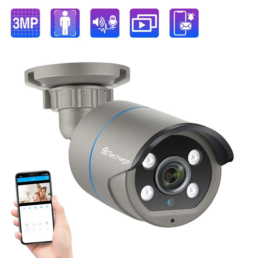 Techage 3MP 48V POE IP Камера видеонаблюдения Камеры Скрытого двухканальную аудиосвязь IP66
