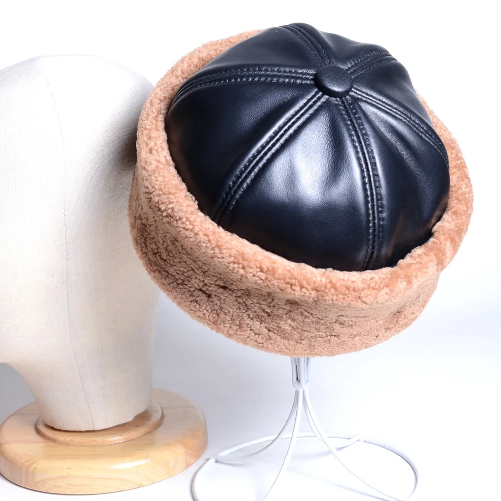 Men's Women's  Real Leather Real Fur  Winter Warm Thick lining Skullcap Beanies Beret Round Hat Brimless Caps/Hats