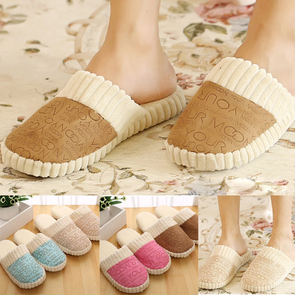 

Cotton Slippers Autumn Winter Women Men Warm Letters Slippers Splicing Soft Anti-Slip Comfortable Couple Slippers