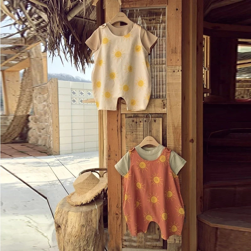 Корейский Летний комбинезон для новорожденных с принтом солнца свободный милый