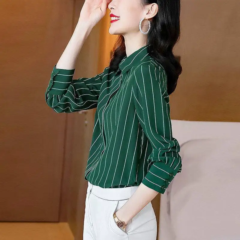 

Green Stripe Mulberry Silk Shirt Women's 2021 Spring And Autumn New Fashion Printing Heavy Silk Top