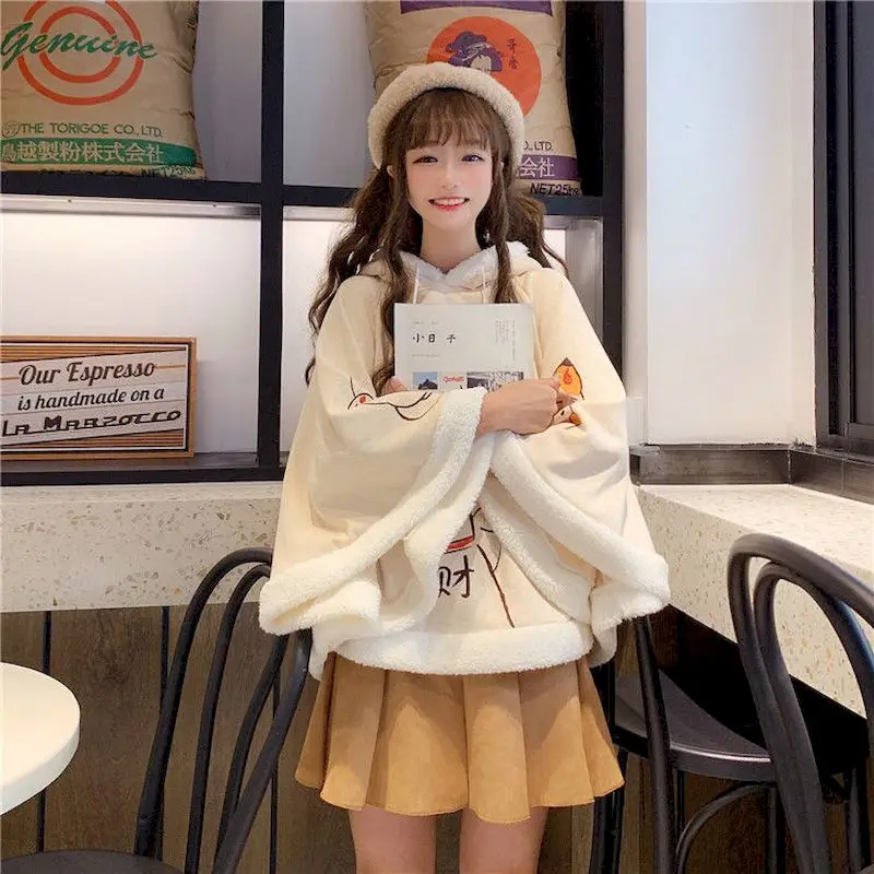 

Cloak And Velvet Hooded Retro Jacket Women's Fall/winter Sweater Short Short School Style Japanese Cute Cloak Hooded Top