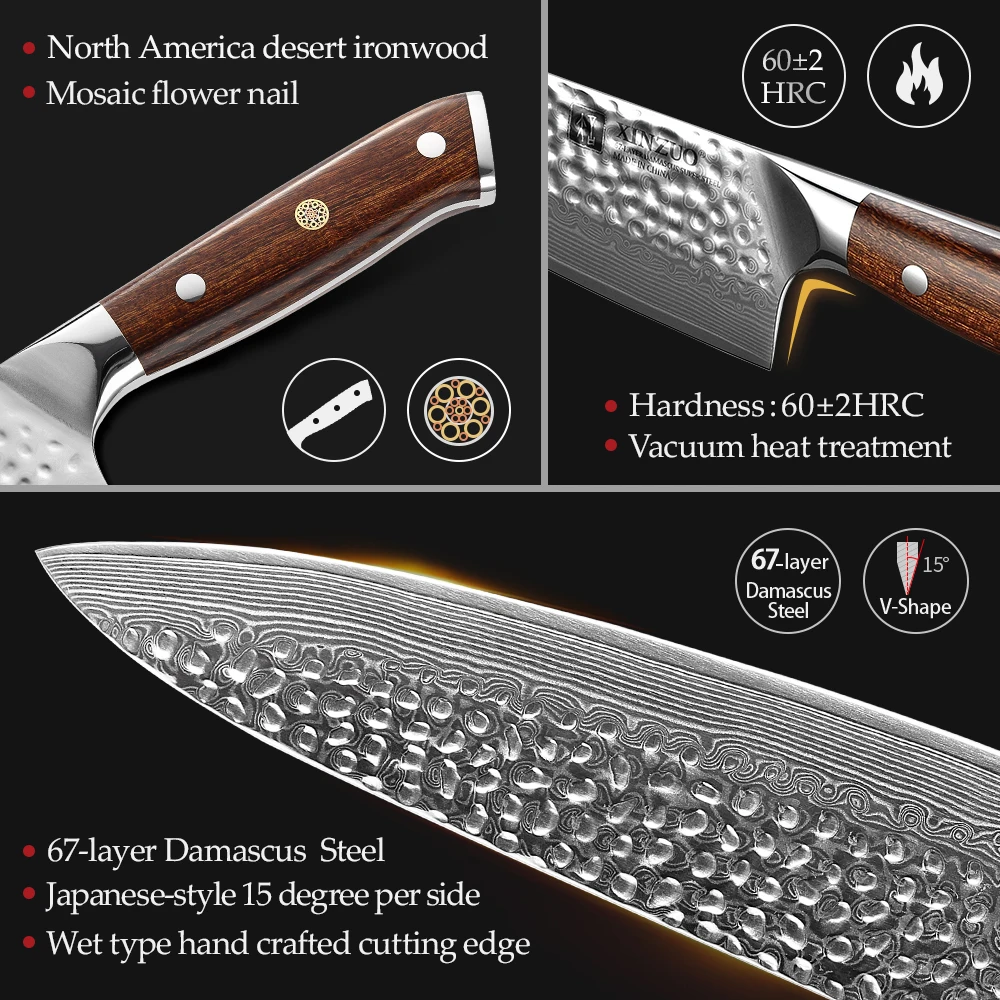 XINZUO-Juego de cuchillos Santoku de acero damasco, utensilios de cocina para Chef, con mango de madera de hierro del desierto de Am&eacute;rica del Norte, 5 unidades-3