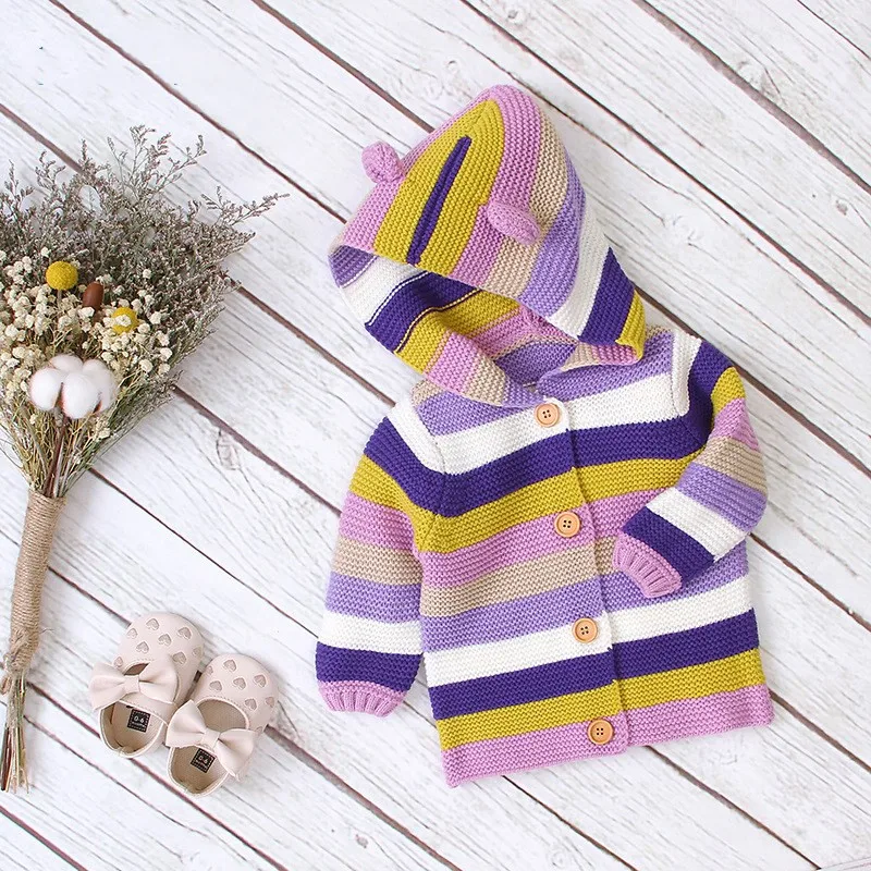 

2020 Baby Girls Clothes Children Rainbow Stripe Jackets for Boy Knitted Cardigan Autumn with Cute Ear Hoodie Baby Girl Coat