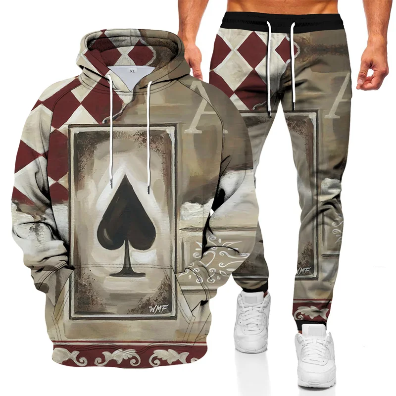 2021 new spring and autumn men's playing cards 3D printing 2-piece sportswear hooded sweater + pants suit casual men's suit
