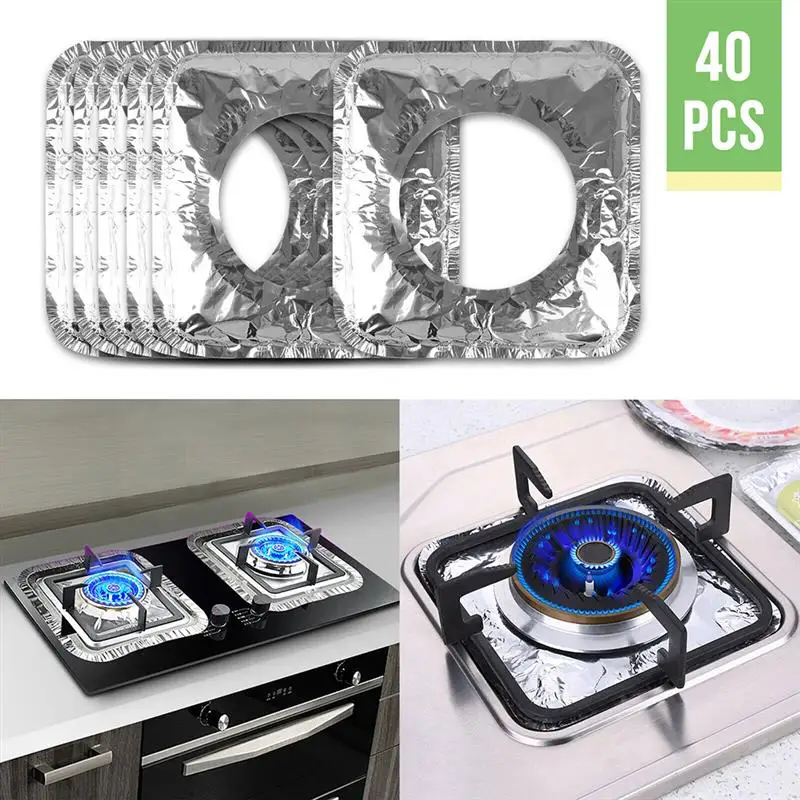 

40Pcs Thickened Aluminum Foil Square Round Stove Burner Covers Gas Oven Covers for Top Gas Stove Liners Oil Proof Cleaning Pad