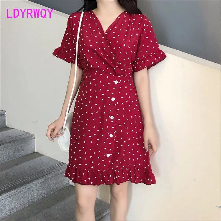 

2020 pink wave dot chiffon dress female new summer v-neck Knee-Length Office Lady Chiffon Dot Button Short