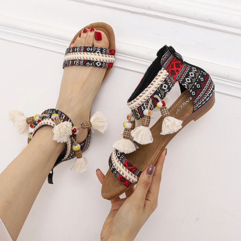 

Bohemian Wedges Sandals Ethnic Totem Fringe Tassel String Bead Casual Shoes Fashion Sexy Open-toed Anti-slip Pumps Slippers 2021