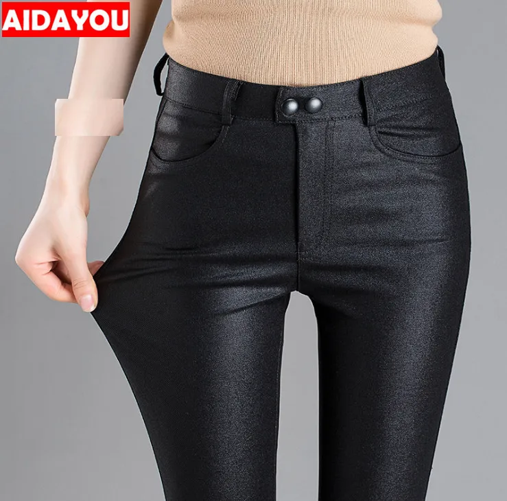 Черные леггинсы из искусственной кожи с высокой талией женские сексуальные