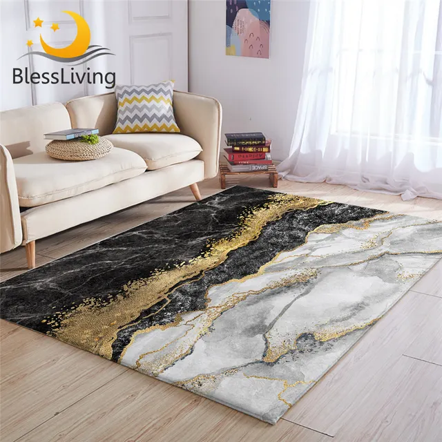 BlessLiving Luxury Area Rug For Living Room Gold Glitter Marble Center Rug Black Grey Modern Bedroom Carpet 122x183cm Drop Ship 1