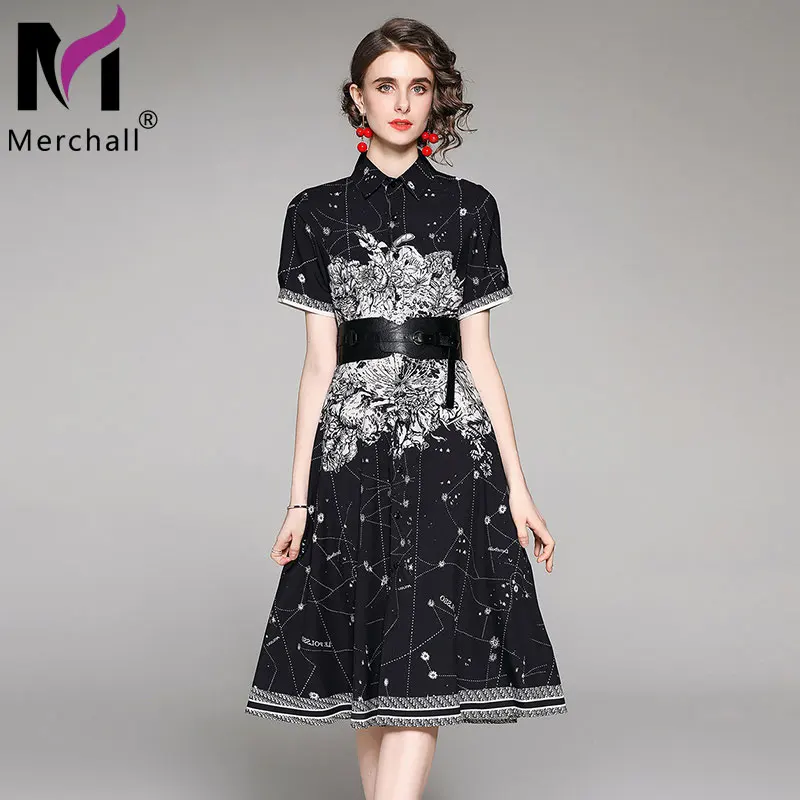 

Merchall Summer Vintage Black Midi Dress Flower Print Shirt Collar Short Sleeve High Waist with Sashes Party Robe 2021 M78580