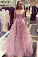 pink prom dresses 2022 women formal party night elegant v neck a line applique flowers tulle vestido de gala long evening gowns