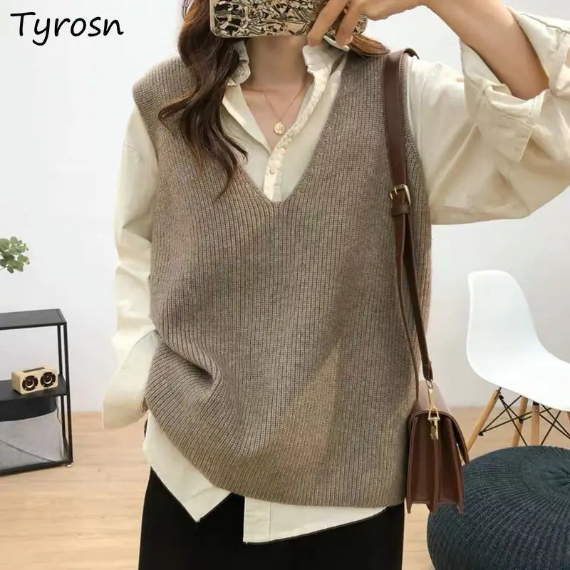 

Women Sweater Vests V-neck Tricot Elegant Femme Casual Loose Temperament Solid Jumpers Simple Daily Korean Style All-match Soft