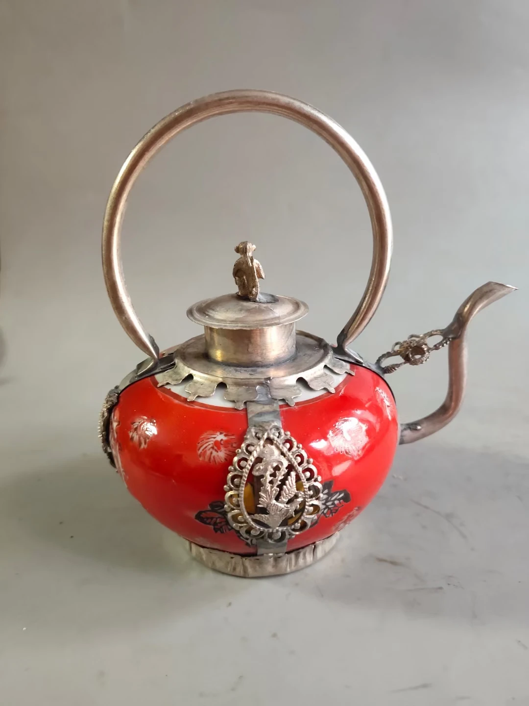 Белый медный фарфоровый заварочный чайник китайский антиквариат около 150 лет