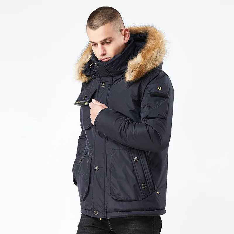 Мужская зимняя пуховая куртка с воротником из искусственного меха длинная