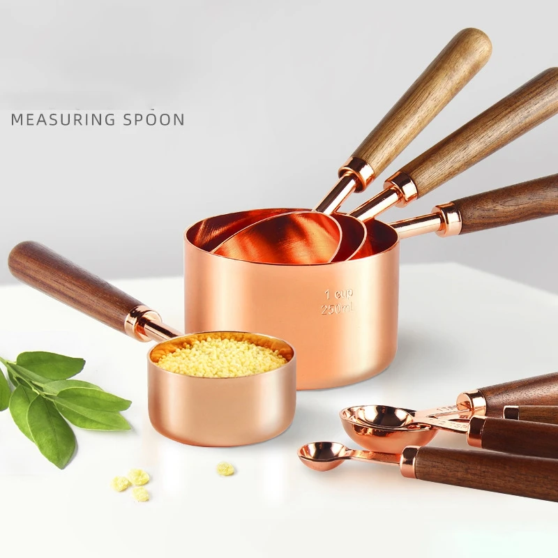 4Pcs Walnut Wooden Handle Stainless Steel Measuring Cup Spoon Plated Copper Rose Gold Kitchen Baking Set | Дом и сад