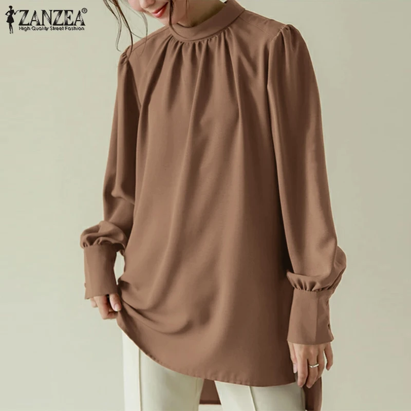 

ZANZEA Casual Long Puff Sleeve Blouse Women Elegant Loose O Neck Shirt Autumn Irregular Hem Chemise Female High Low Office Blusa