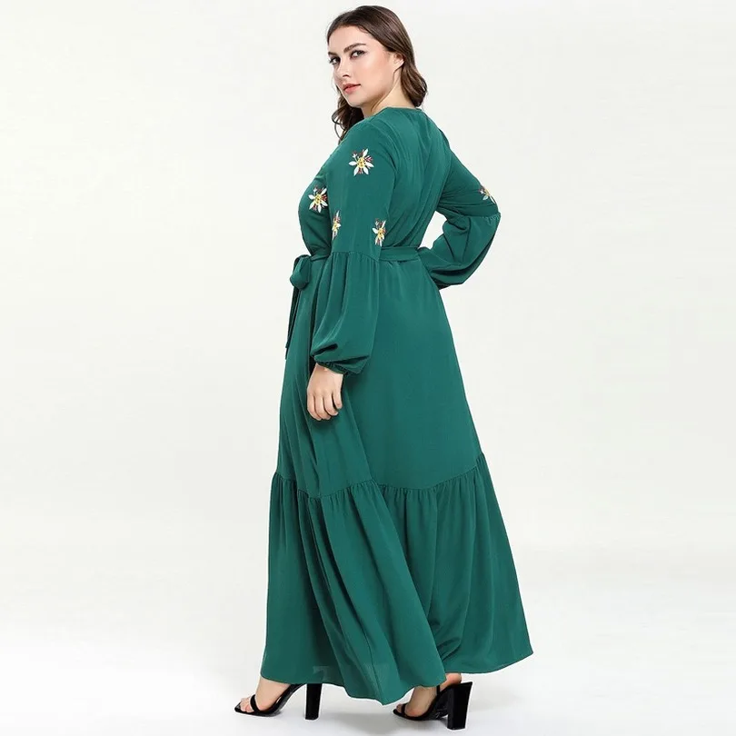 Quality Big Size Women Green Floral Embroidery Pleated Maxi Dress Long Lantern Sleeve Boho Belted Dresses Muslim Abaya 4XL |