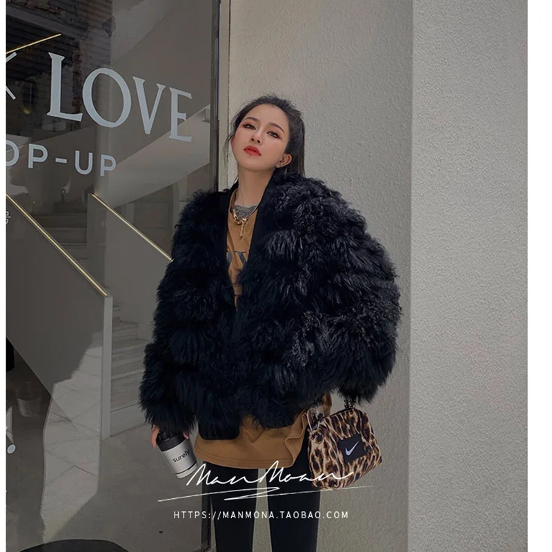 2020 New Fashion Design Real Leather Sheep Curl Fur Jacket Women Coat Winter Women's Curly Yarn Leather Fur Coat Streetwear