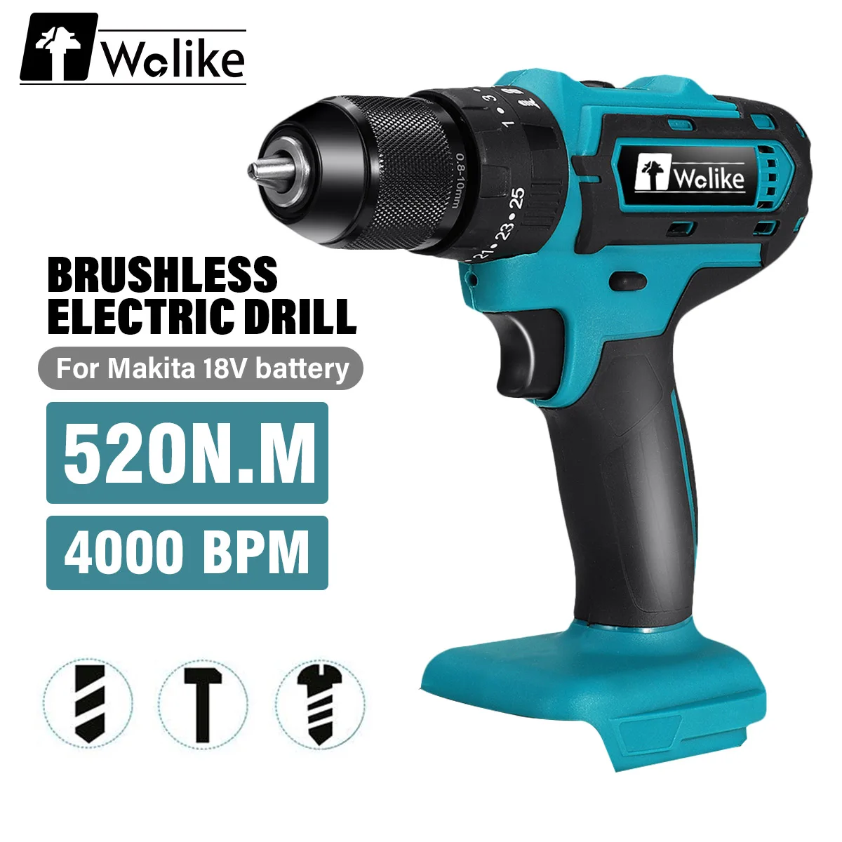 

Wolike 3 IN 1 520N.M Torque Electric Drill Flat Hammer Impact Drilling Electric Screwdriver Tools Fit for Makita 18V Battery