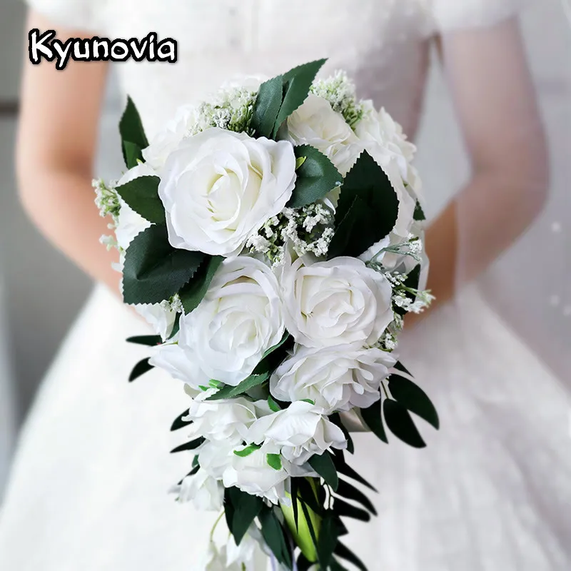 

Artificial Waterfall Bride Bouquet Ivory Silk Rose Flowers Bouquets Wedding Long Bouquet Cascading Teardrop Holding Flowers BY54