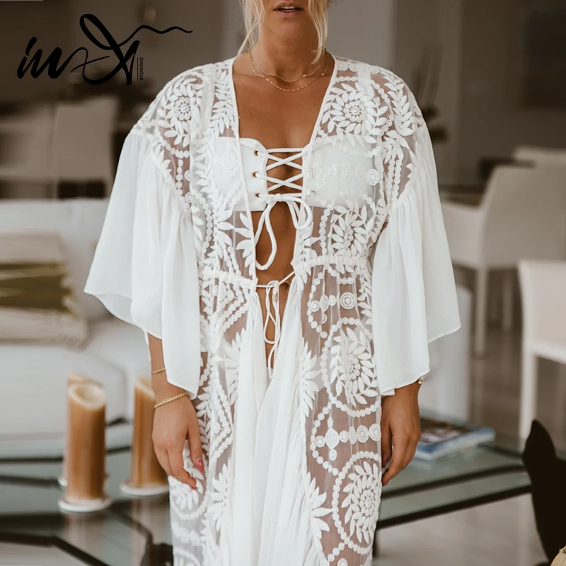 В-X Белые пикантные Сетчатое пляжное платье для женщин рюшами Купальник cover up