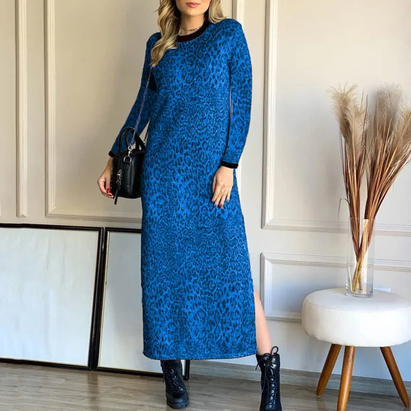 

Long Sleeve Leopard Print Floral Maxi Dress Women Autumn Winter O-Neck Slim Sexy Side Slit Casual Elegant Party Dresses Robe New