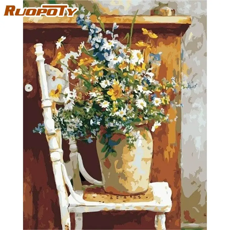 

RUOPOTY Picture By Number For Adults With Frame Daisy Vase Paint By Numbers Kits Handpainted For Home Decors Wall Art Picture