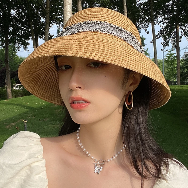 

Designer Handmade Women Summer Beige Hat Hepburn Style Small-Edge Fisherman RibbonTemperament Flat Straw UV Cut Foldable Cap