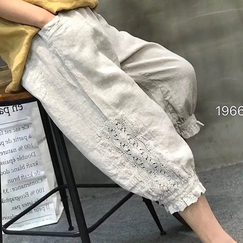 Women Summer Linen Lace Patchwork Solid Color Harem Pants Ladies Vintage Flax Harem Trousers Female 2022 Pants